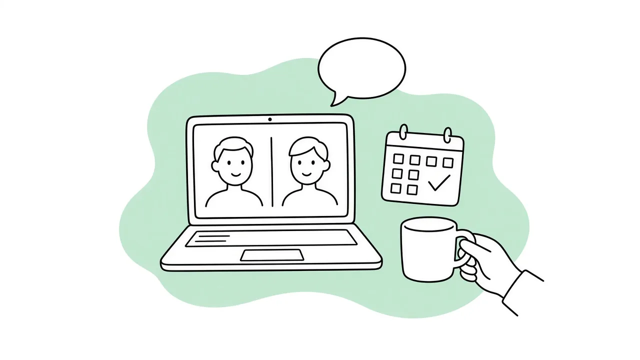 A video call on a laptop next to a calendar and a cup of coffee