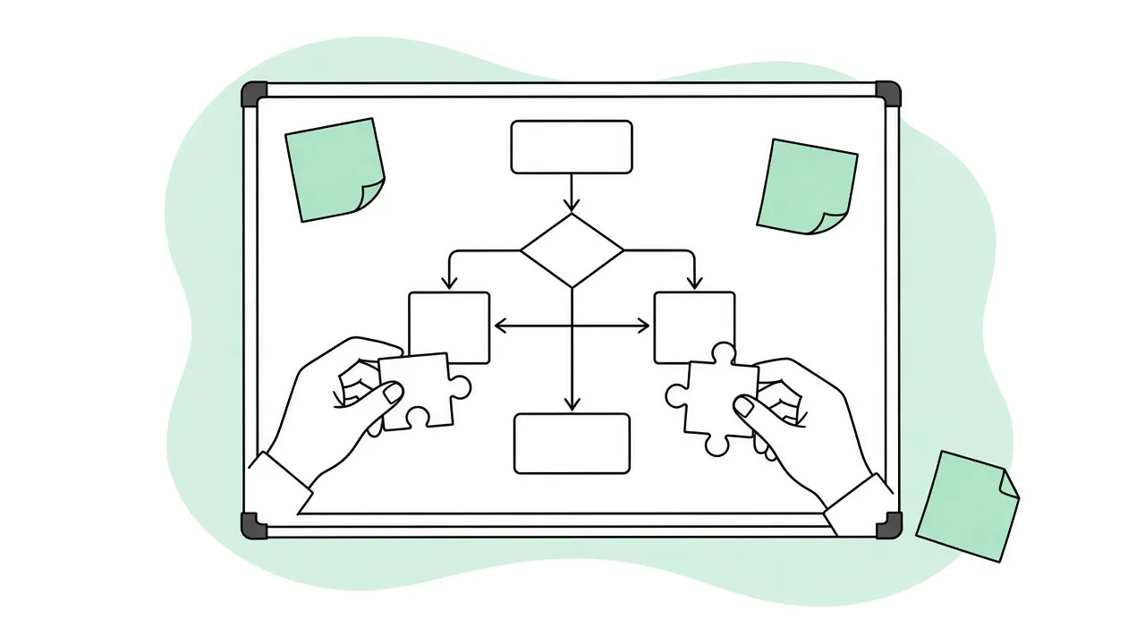 Hands placing puzzle pieces on a whiteboard process map
