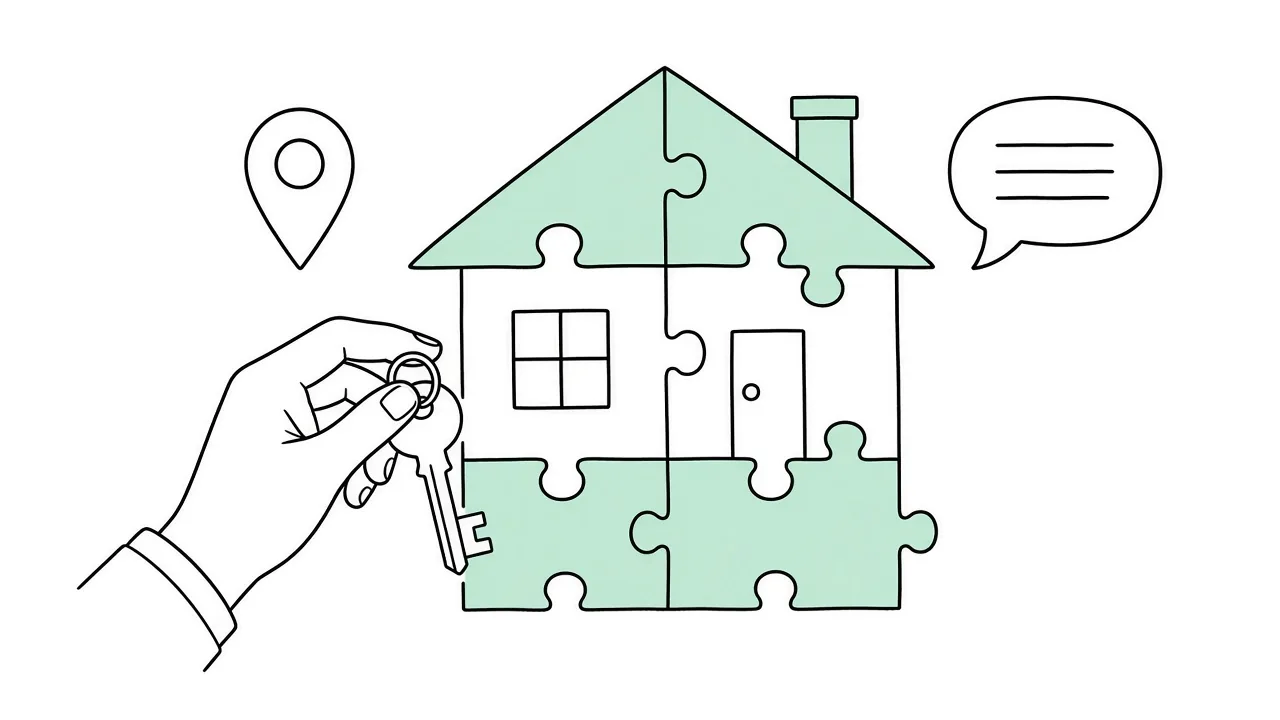 A hand holding a key in front of a house made of puzzle pieces