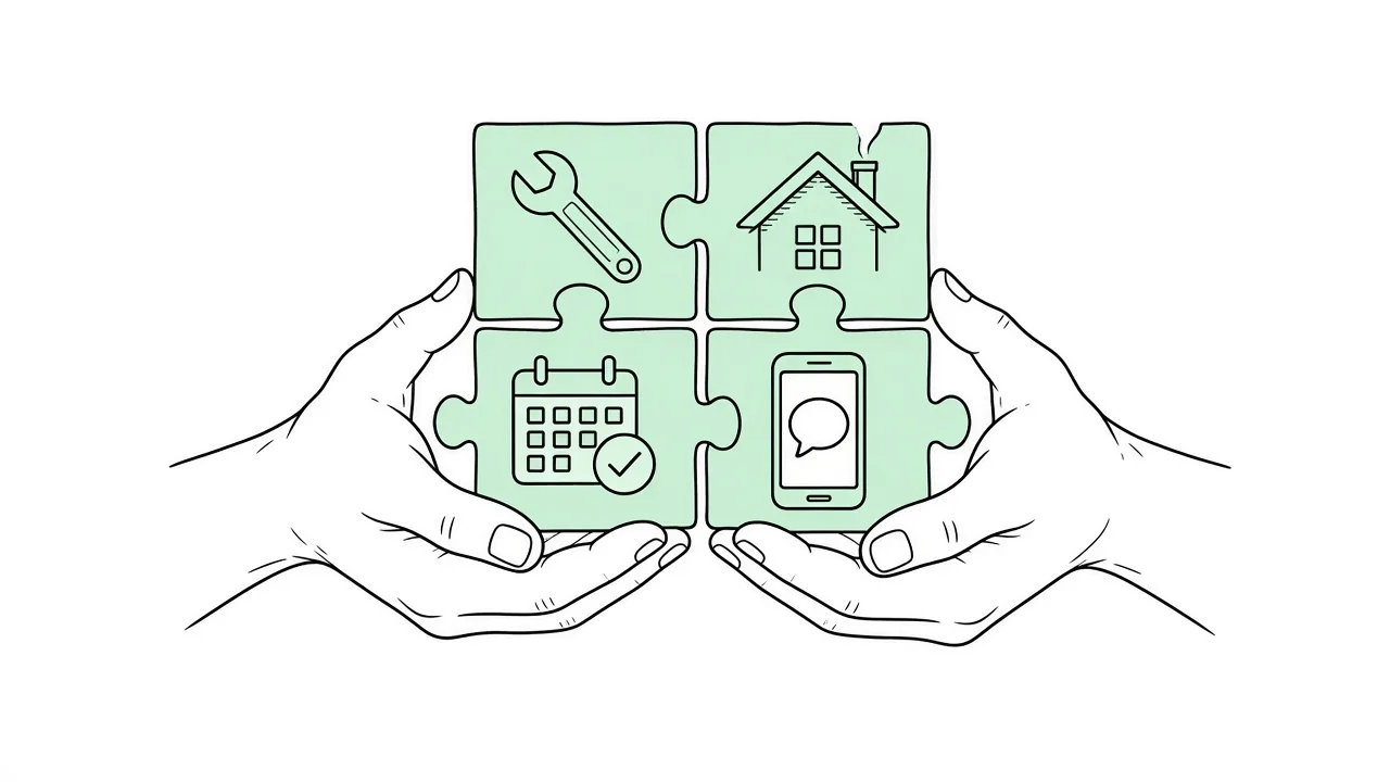 Hands holding puzzle pieces showing a wrench, a house, a calendar and a phone