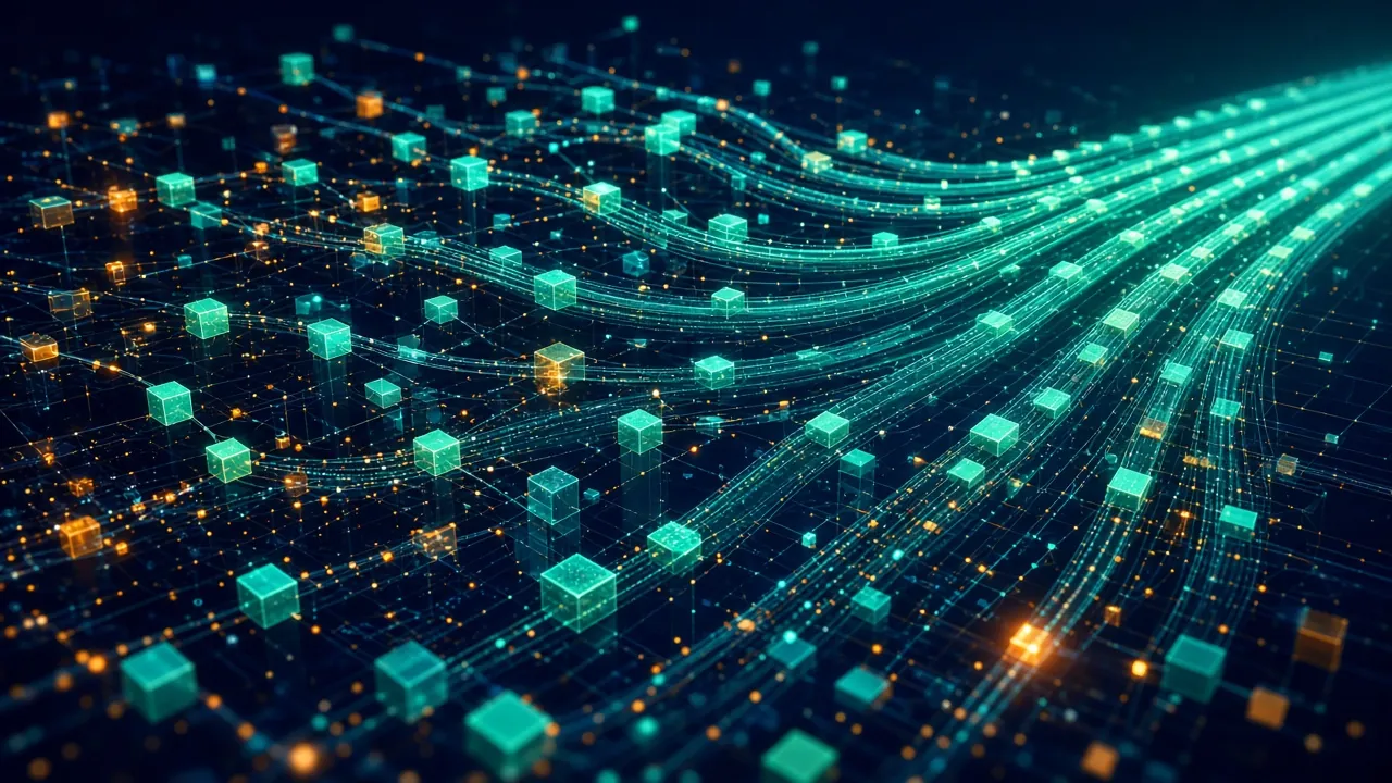 Glowing data blocks flowing through a network of automated pipelines