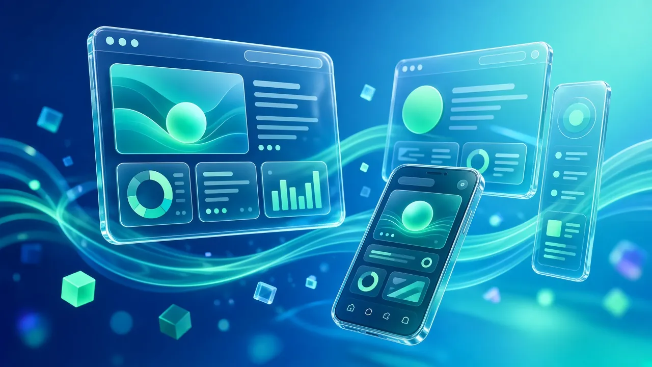 Floating glass browser windows and a phone app in mint and blue